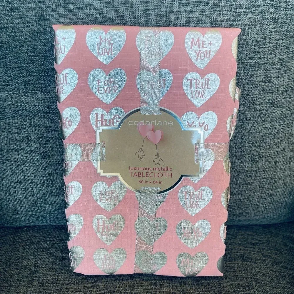 Pink Silver Metallic Hearts Valentine Tablecloth